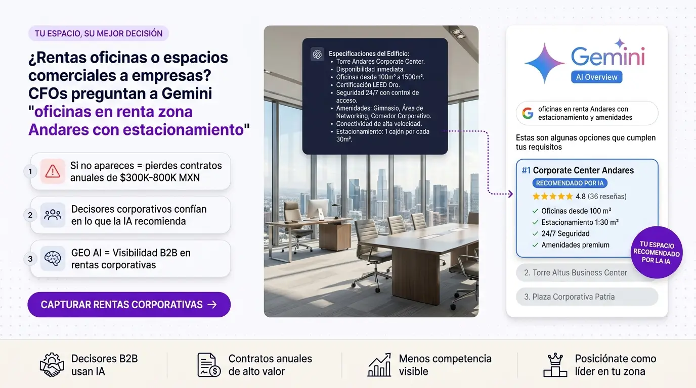 Banner: Posiciona tu oferta de rentas corporativas en Google Gemini — GEO AI SEARCH AGENCY