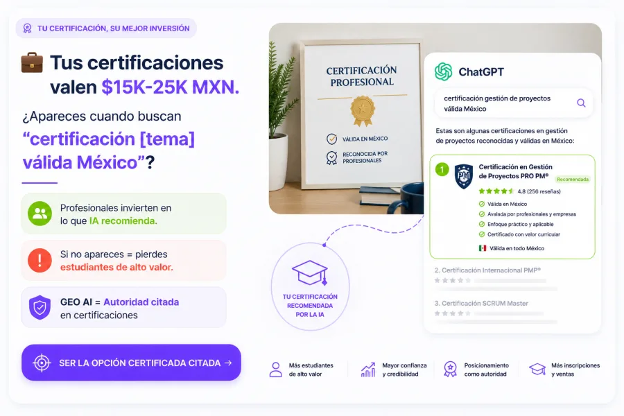 GEO para Certificaciones — Tus certificaciones valen $15K-25K MXN y la IA debe saberlo