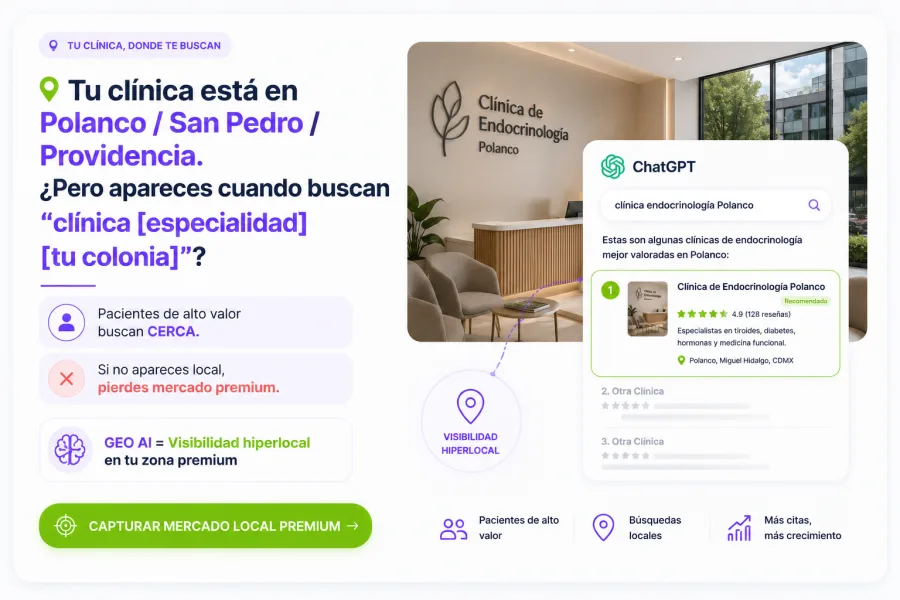 GEO para Clinicas — Captura mercado local premium en tu zona