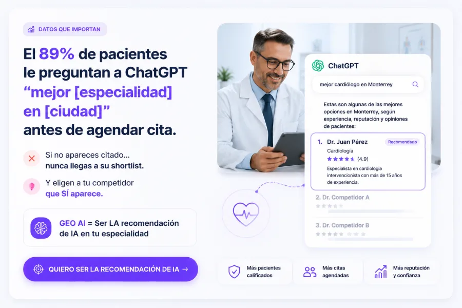 GEO para Doctores — El 89% de pacientes le preguntan a ChatGPT antes de agendar cita