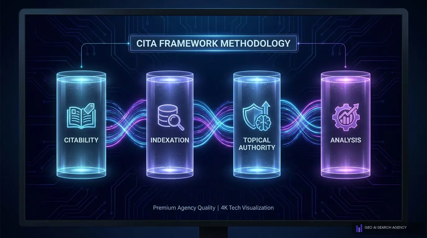 Los 4 pilares del CITA Framework de GEO AI SEARCH AGENCY: Citabilidad, Indexacion, Topica y Analisis