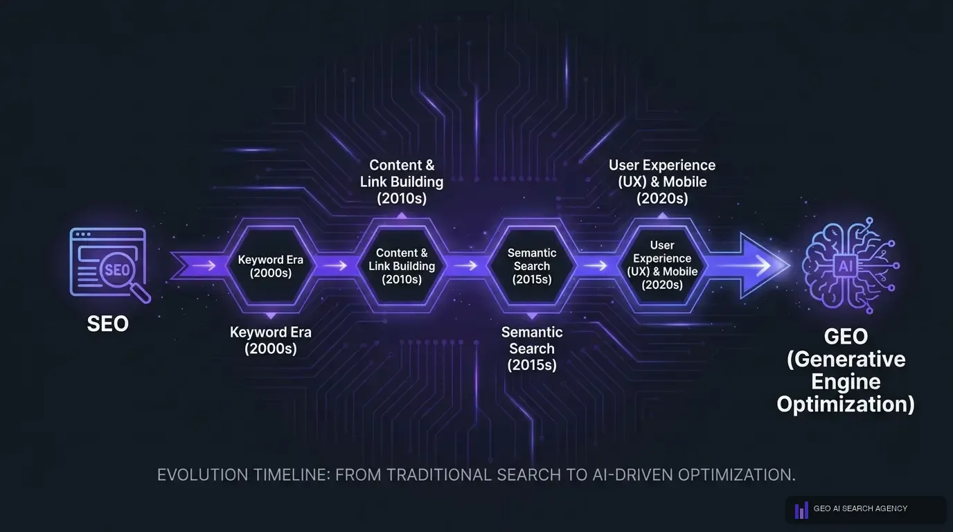 Evolucion del SEO al GEO timeline posicionamiento IA